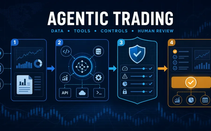 Agentic trading workflow connecting market data, an AI agent, risk controls, and human review